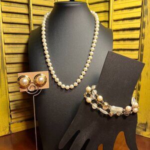 Three-Piece Faux Pearl Set Goldtone, Necklace, Post Earrings, Bracelet